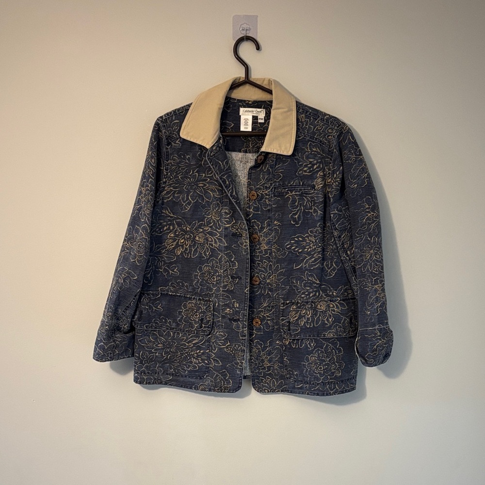 Coldwater Creek Blue Floral Jean Jacket with Tan Collar